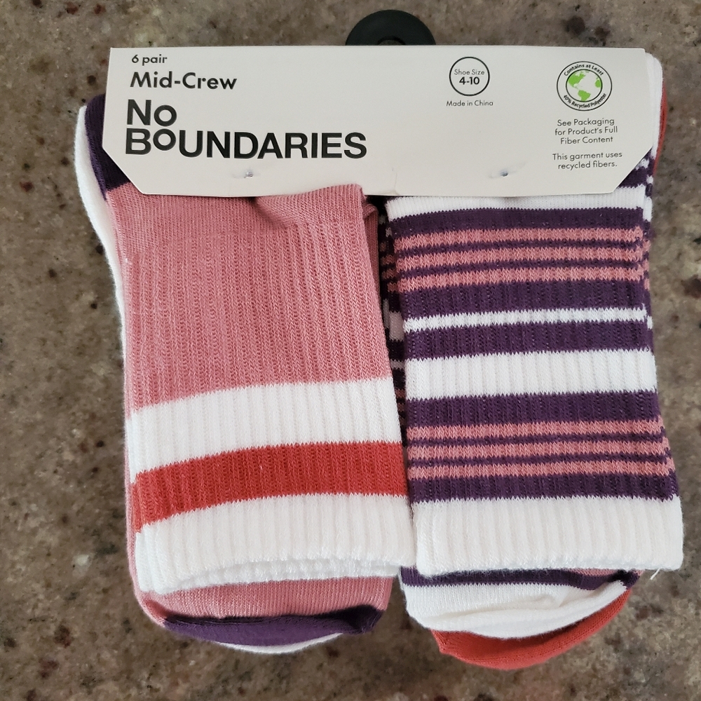NEW No Boundaries Mid‎ Crew Socks 6 Pair Strips And Solids Multicolor Women